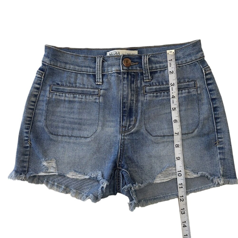 Mudd FLX Distressed Denim Jean Shortie Junior SZ 3 Blue Frayed Hem High Rise - Picture 9 of 10